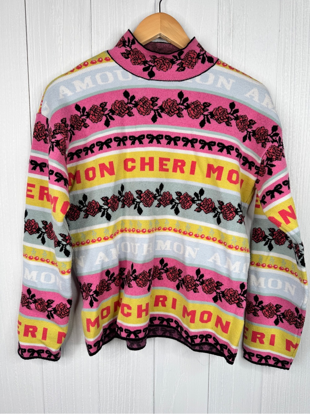 Anthropologie Maeve Fanciful “Mon Cherie” Rose Mock Neck Sweater S